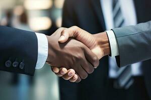 Close up of two businessman shaking hands in office. Handshake concept, handshaking close up, to businessman shaking hand close up, AI Generated photo