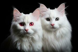 Studio shot of two beautiful white Persian cats, isolated on black background, Two white cats on a black background with a place for your text, AI Generated photo
