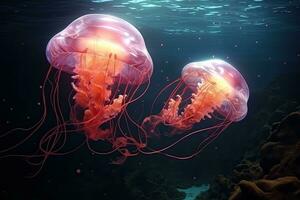 Medusa en el profundo azul mar. 3d representación, dos medusas nadando en el agua. 3d representación, ai generado foto