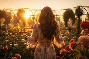 Beautiful young woman in a white dress standing in the garden at sunset, Happy woman standing in a flower garden and watching sunset view, rear view, AI Generated photo