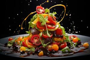 ensalada con Tomates, Rúcula y naranja en negro fondo, quitar el velo el culinario arte con macro comida fotografía, capturar Agua en la boca detalles y atractivo apreciación, ai generado foto