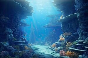 Underwater world with corals and tropical fish. 3d render, Underwater world. Fantasy landscape of the underwater world. 3D rendering, AI Generated photo