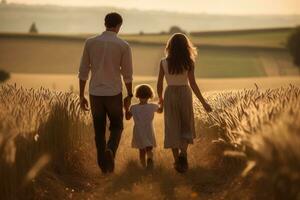 contento familia caminando en trigo campo a puesta de sol. padre, madre y hija, posterior ver de familia caminando en campo naturaleza unión concepto, ai generado foto