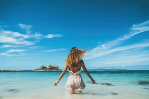 joven mujer en blanco vestir en el playa con azul cielo fondo, posterior ver de un joven hermosa mujer teniendo divertido en tropical costa, ai generado foto