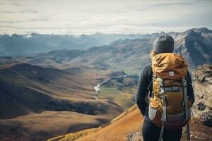 un joven mujer con un mochila en pie en el parte superior de un montaña y mirando a el valle, posterior ver de un mujer caminante con un mochila disfrutando increíble Valle paisajes en el arriba, ai generado foto