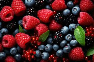 Mix of fresh berries as background, top view. Berries background, Raspberry, blueberry, blackberry, strawberry and raspberry background, AI Generated photo