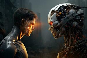 Cyborg woman and robot face to face. This is a 3d render illustration, The Interface of War A tense confrontation unfolds between a masked human and a powerful AI robot, AI Generated photo