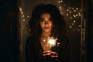 retrato de un hermosa joven mujer participación un bengala en oscuro fondo, contento nuevo año. elegante niña con ardiente bengala celebrando en festivo oscuro habitación, ai generado foto