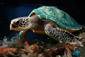 verde mar Tortuga en el plastico basura tugurio en oscuro antecedentes. contaminación concepto, retratar el devastador efectos de el plastico contaminación en marina vida, enfatizando el necesitar para, ai generado foto