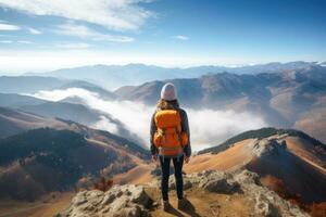 mujer con mochila en pie en el parte superior de un montaña y mirando a el valle, posterior ver de un mujer caminante con un mochila disfrutando increíble Valle paisajes en el parte superior de montaña, ai generado foto