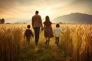 espalda ver de contento familia caminando en trigo campo a hermosa atardecer, posterior ver de familia caminando en campo naturaleza unión concepto, ai generado foto