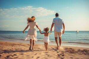 contento familia con pequeño hija caminando en playa a verano vacaciones. personas teniendo divertido al aire libre, posterior ver contento joven familia correr y saltar en verano playa, ai generado foto