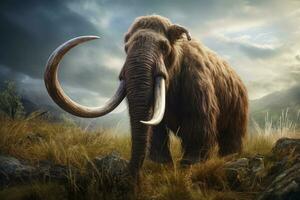 3d representación de un grande lanoso mamut en el montañas, prehistórico mamut, ai generado foto