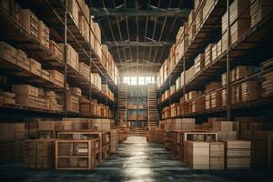 Warehouse interior with rows of wooden boxes. 3D Rendering, Warehouse or warehouse with rows of shelves and rows of wooden boxes, AI Generated photo