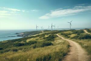 Wind turbines on a dune in the south of England, UK, View from Cape Kaliakra to an offshore wind farm in Bulgaria, AI Generated photo