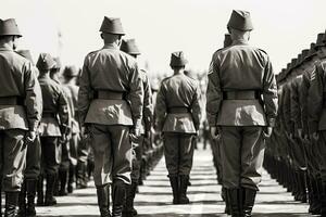 militar desfile en kiev, dedicado a 70 aniversario de el victoria en el genial patriótico guerra. soldados en histórico uniforme durante histórico recreación, nosotros soldados, ai generado foto