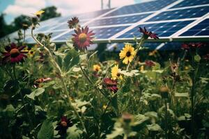 solar energía con flores y girasol campo - retro Clásico estilo, salvaje flores en frente de solar paneles en un campo, ai generado foto