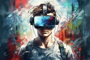 digital pintura de un joven hombre vistiendo virtual realidad gafas de protección en frente de un edificio, joven hombre posterior ver con virtual realidad auriculares o 3d lentes. mezclado medios de comunicación, ai generado foto