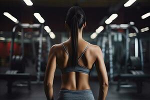 espalda ver de un deportivo joven mujer en pie en un gimnasia, mujer haciendo batalla entrenamientos con cuerda en un gimnasia, parte superior sección recortado, No cara reveló, detallado músculos, ai generado foto