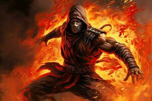 Warrior with sword on fire background. Fantasy. 3D illustration, Witness the Flaming Shadows, a skilled ninja warrior engulfed in flames, displaying mastery and determination, AI Generated photo