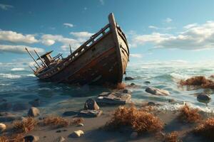 Shipwreck on the seashore. 3d render illustration, Wreck of a fishing boat in the sea. 3d render, AI Generated photo