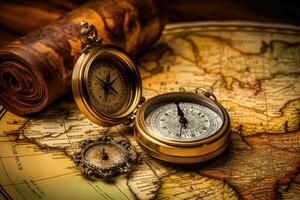 Compass and old map. Travel concept. Selective focus, Vintage map, compass and old book on old map background, AI Generated photo