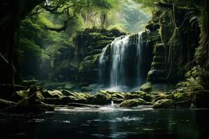 Beautiful waterfall in deep forest. Natural background. Toned, waterfall in the forest , AI Generated photo