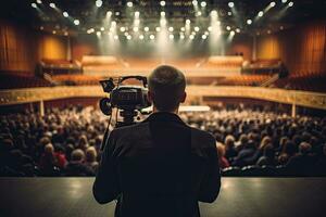 Rear view of a man with a professional video camera in the auditorium, rear view of a cameraman with a professional digital camera in front of a conference hall, AI Generated photo