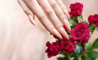 Elegant pastel pink natural manicure. photo