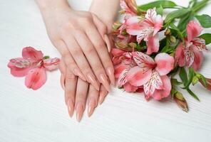 elegante pastel rosado natural manicura. foto