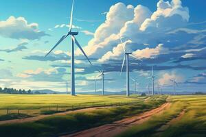 viento turbinas en el campo. renovable energía concepto. 3d representación, molino viento poder electricidad granja campo, ai generado foto