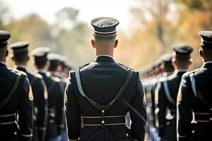 Rear view of a row of soldiers during a military ceremony, US soldiers standing in a formation on a ceremony, rear view, top section cropped, AI Generated photo