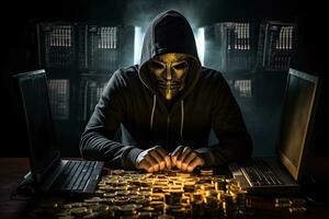 hacker con computadora y dorado monedas en oscuro antecedentes. cibercrimen concepto, hacker sin un cara es molesto a robar criptomoneda utilizando un computadora, ai generado foto