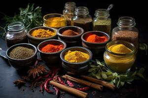 Spices and herbs on dark background. Food and cuisine ingredients, Variety of spices in glass bowls and mortar on black slate background, AI Generated photo