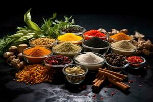 Spices and herbs on a black background. Food and cuisine ingredients, Variety of spices in glass bowls and mortar on black slate background, AI Generated photo