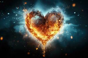 ardiente corazón en un oscuro antecedentes. 3d representación tonificado imagen, corazón en fuego. sorprendentes imagen de corazón hecho con fuego y hielo, ai generado foto