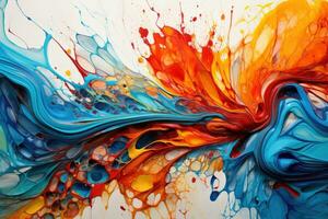 resumen antecedentes de acrílico pintar en azul, naranja, amarillo y rojo colores, mano dibujado petróleo pintura en lona y resumen Arte fondo, ai generado foto