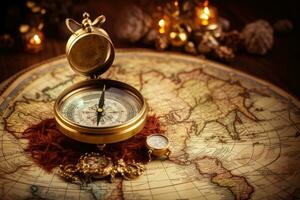 Vintage compass on the old map. Travel and adventure concept, Vintage map, compass and old book on old map background, AI Generated photo