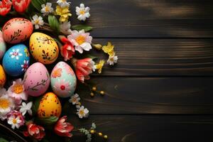 Easter eggs and spring flowers on wooden background. Top view with copy space, Happy Easter. Congratulatory easter background. Easter eggs and flowers, AI Generated photo