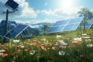 solar energy in the meadow with flowers and mountains in the background, Wild flowers in front of solar panels on a field, AI Generated photo