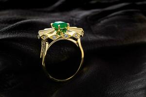 Gold emerald ring with diamonds photo