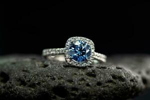 Blue Diamond Engagement Ring on Black Stone photo