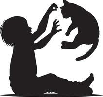 Child playing with cat vector silhouette illustration black color 5