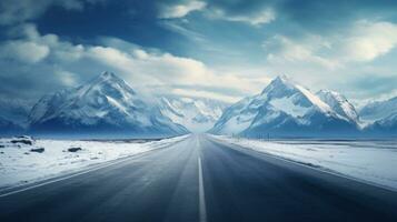 Winter road leading to snowy mountains. Generative AI photo