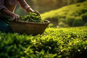 Picking tea leaves on plantation. Generative AI photo