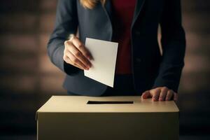 hembra votante mano poniendo boletín en votación caja. generativo ai foto