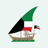 histórico Kuwait bandera de madera dhow Embarcacion medio este rascacielos en blanco antecedentes con verde mar ola vector