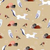 Seamless Vector pattern with Cute Woodland Animals, White Deer, Fox and Owl. Winter atmosphere. Scandinavian illustration. Perfect for textile, wallpaper or print design.