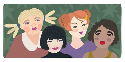 Girls power. Four young women with different appearance. Vector illustration