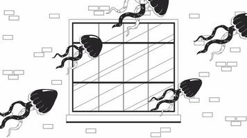 Jellyfish floating window surreal bw outline 2D animation. Dreaming surrealistic 4K video motion graphic. Jelly medusa swimming outside wall brick monochrome linear animated cartoon flat concept